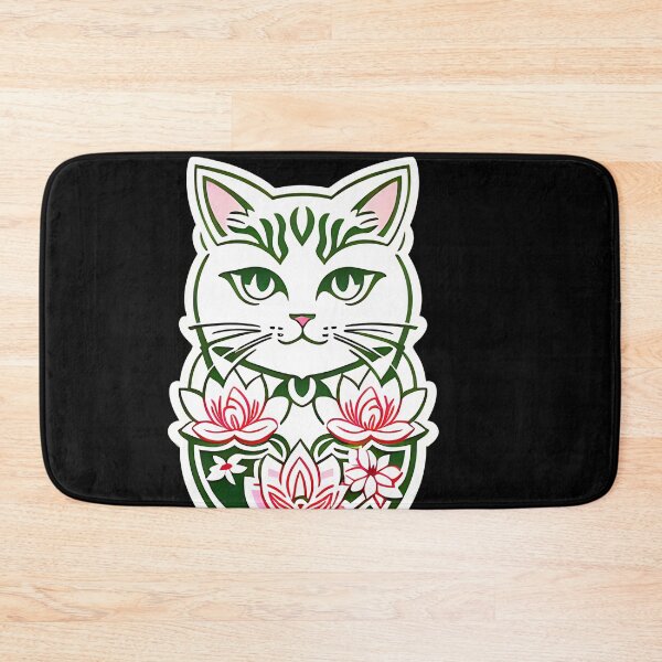 Item preview, Pink, Green, & White floral Asian Tribal Geometric Boho Cat with Lotus flower blossoms designed and sold by McCallnWaldo.