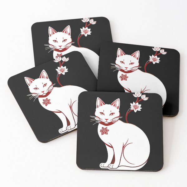 Item preview, White cat with lotus collar. floral Asian Tribal Geometric Boho Cat with Lotus flower blossoms designed and sold by McCallnWaldo.