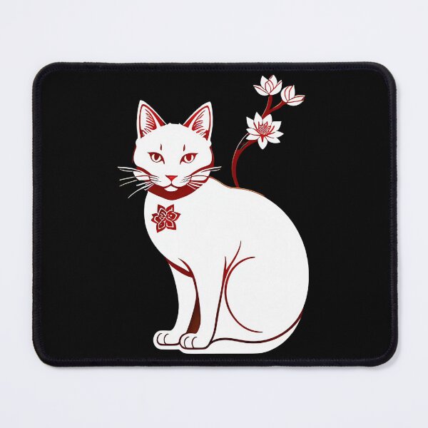 Item preview, White cat with lotus collar. floral Asian Tribal Geometric Boho Cat with Lotus flower blossoms designed and sold by McCallnWaldo.