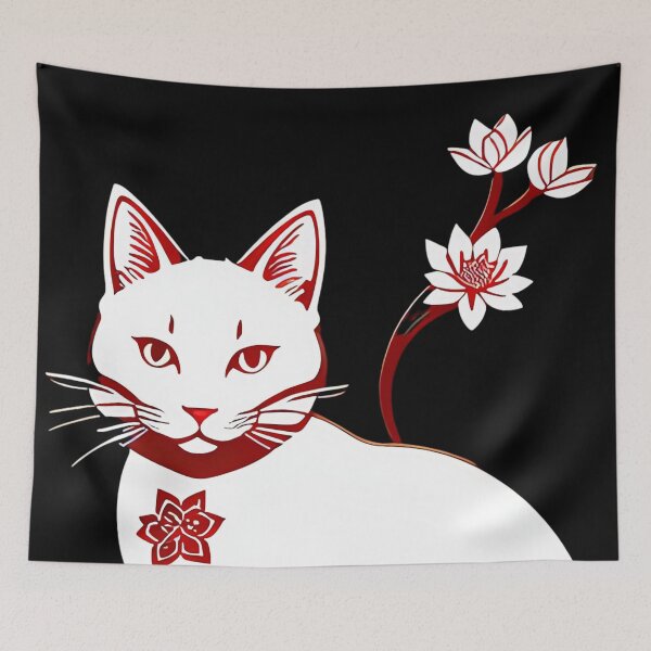 Item preview, White cat with lotus collar. floral Asian Tribal Geometric Boho Cat with Lotus flower blossoms designed and sold by McCallnWaldo.