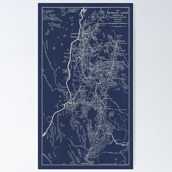 Item preview, 1924 Vintage Muskoka Lakes Railway Map (Navy) designed and sold by Gin  Neko.