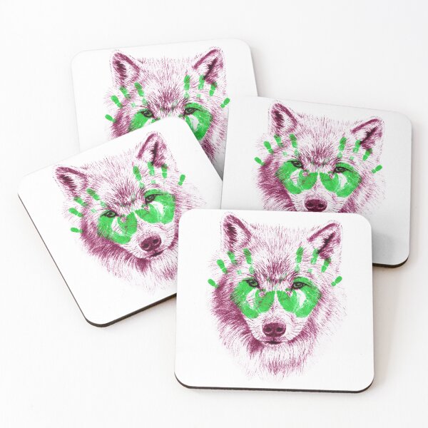 Item preview, Wolf portrait in transparency - pink version and green handprints designed and sold by SylvieG18.