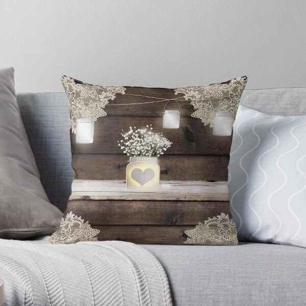 Rustic Wood & Lace Mason Jar Baby's Breath Flowers Throw Pillow