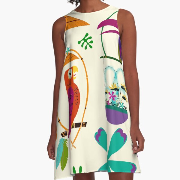 Vintage Modern Tiki Birds A-Line Dress