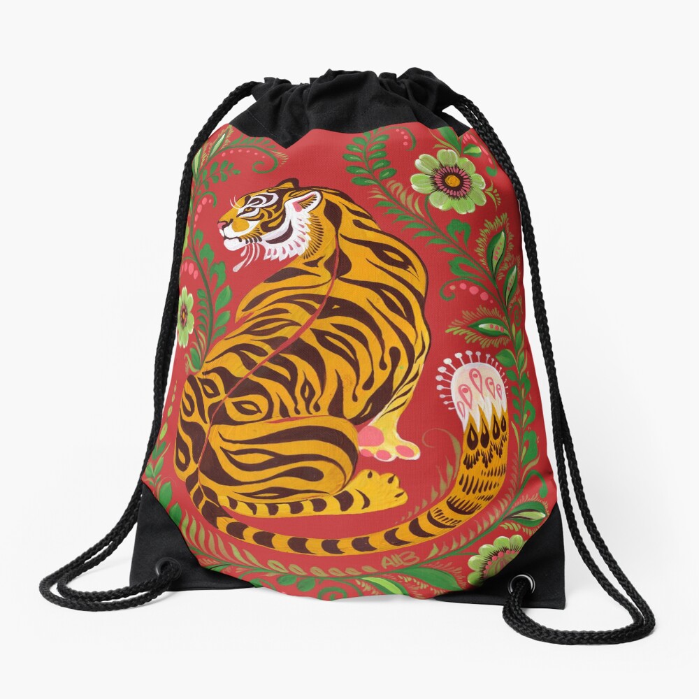 Tiger Folk Art Drawstring Bag