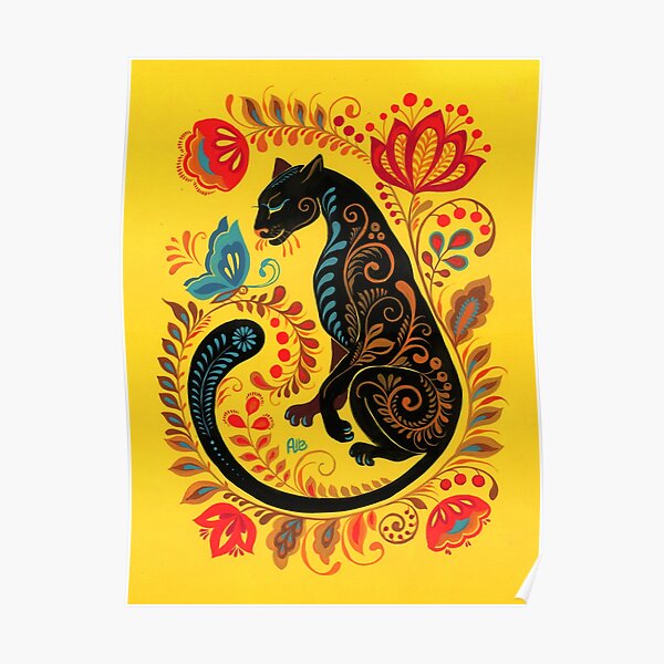 Panther & Butterfly Folk Art Poster