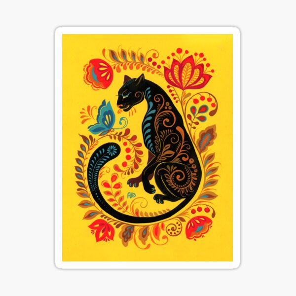Panther & Butterfly Folk Art Sticker