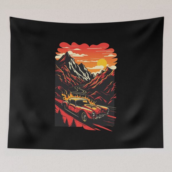 Item preview, Hot Rod muscle car in Flames in a dirty road in the mountains. designed and sold by paulo silveira.