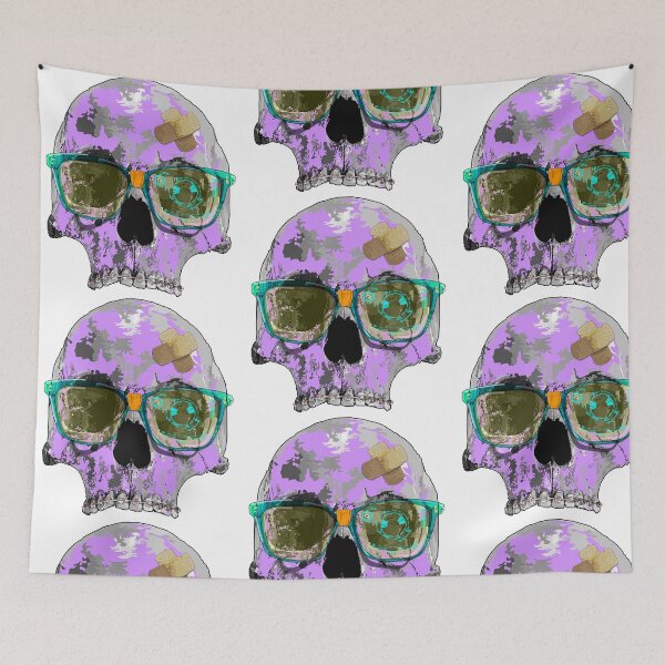 Item preview, Purple skull with braces, plaster bandages and broken AR sunglasses  designed and sold by m-yoga-store.