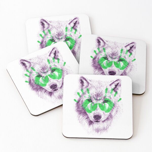 Item preview, Wolf portrait in transparency - colorized purple version and green handprints designed and sold by SylvieG18.