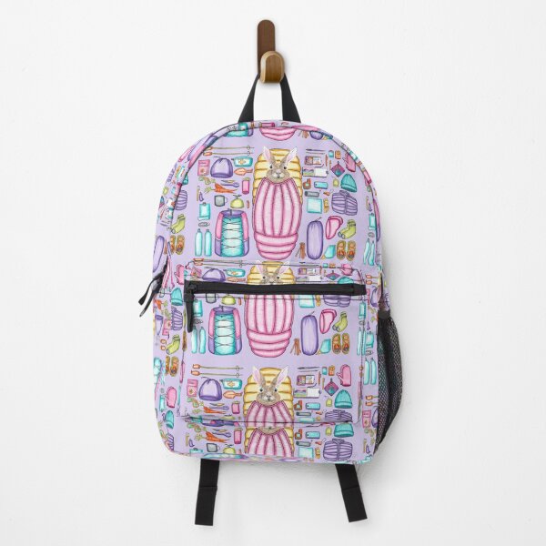 Item preview, Rabbit Backpacking Gear Spread Purple Background designed and sold by Sockstomistic.