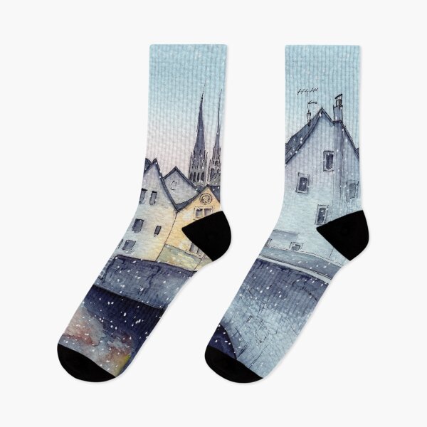 Item preview, Watercolor old European town with a bridge above the river designed and sold by MaryWatercolor.