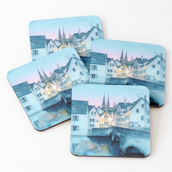 Item preview, Watercolor old snowy European town with a bridge above the river designed and sold by MaryWatercolor.