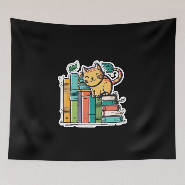 Item preview, Playful Uwu Cat in a Tower of Books designed and sold by DHNY.