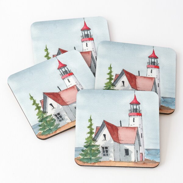 Item preview, Watercolor white lighthouse with a cabin on the hill designed and sold by MaryWatercolor.