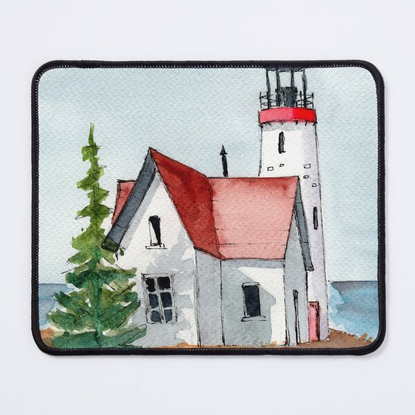 Item preview, Watercolor white lighthouse with a cabin on the hill designed and sold by MaryWatercolor.