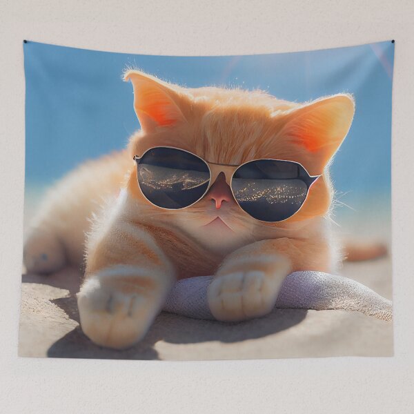 Item preview, cat on the beach with sunglasses designed and sold by Rosiere Donahue ⭐️ ⭐️ ⭐️ ⭐️ ⭐️.