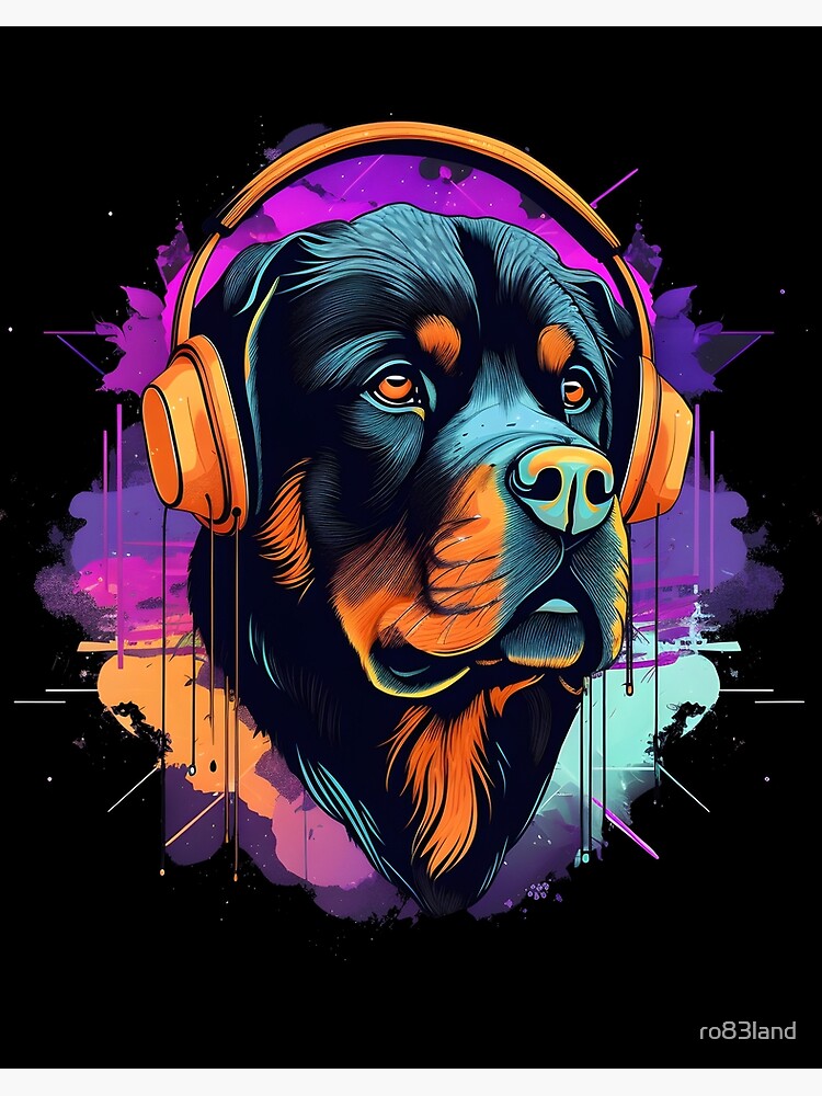 アート・デザイン・音楽 sports illustrated portfolio Rottweiler wears headphones - synth wave style
