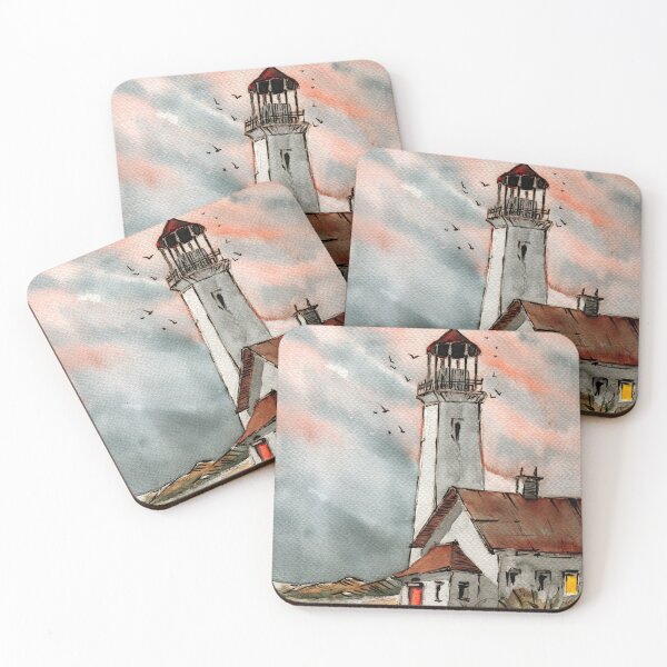 Item preview, Watercolor tall lighthouse with an additional building on a green hill designed and sold by MaryWatercolor.