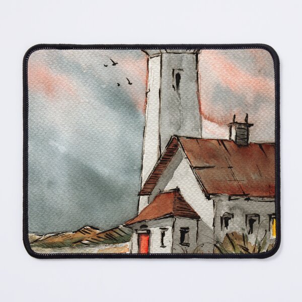 Item preview, Watercolor tall lighthouse with an additional building on a green hill designed and sold by MaryWatercolor.
