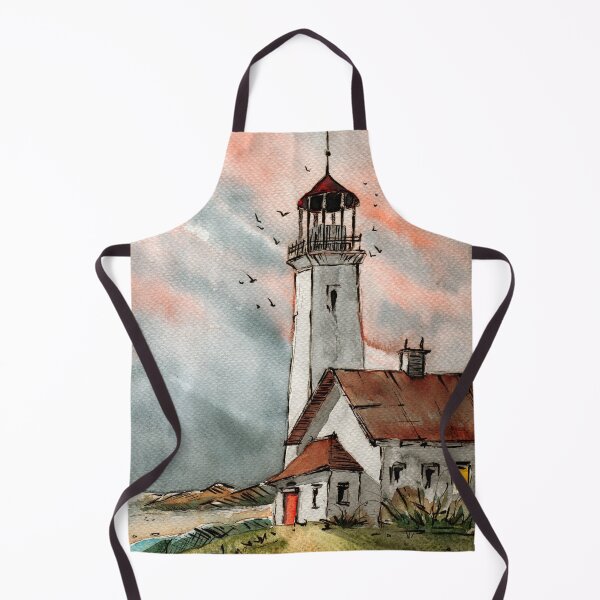 Item preview, Watercolor tall lighthouse with an additional building on a green hill designed and sold by MaryWatercolor.