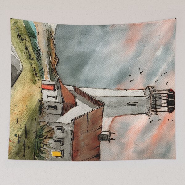 Item preview, Watercolor tall lighthouse with an additional building on a green hill designed and sold by MaryWatercolor.