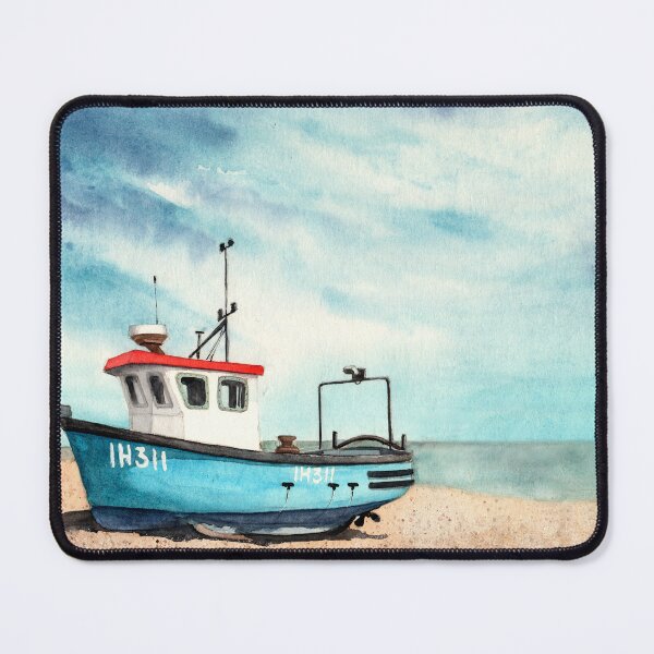 Item preview, Watercolor illustration of an old blue boat on a sandy beach with blue skies designed and sold by MaryWatercolor.