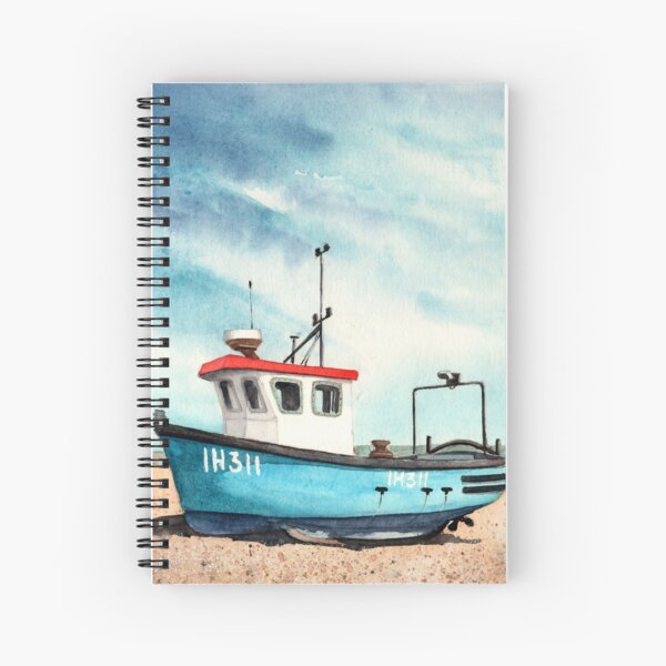 Item preview, Watercolor illustration of an old blue boat on a sandy beach with blue skies designed and sold by MaryWatercolor.