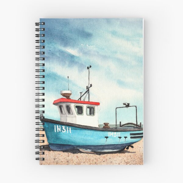 Item preview, Watercolor illustration of an old blue boat on a sandy beach with blue skies designed and sold by MaryWatercolor.