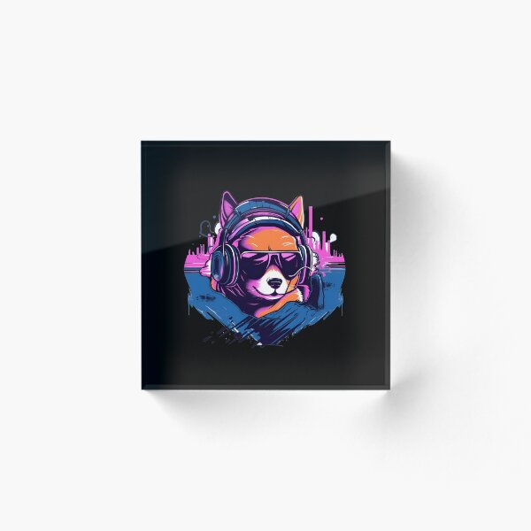 Item preview, Shiba Inu wears headphones - synth wave style designed and sold by ro83land.