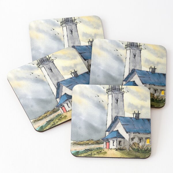 Item preview, Watercolor blue lighthouse with an additional building on a green hill designed and sold by MaryWatercolor.