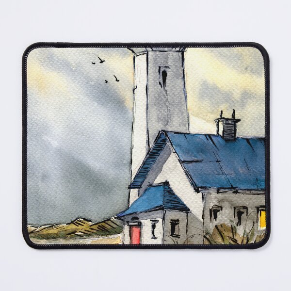 Item preview, Watercolor blue lighthouse with an additional building on a green hill designed and sold by MaryWatercolor.