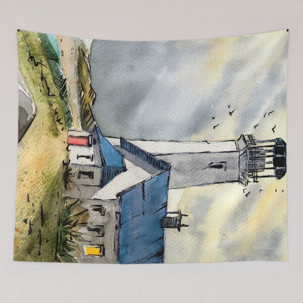 Item preview, Watercolor blue lighthouse with an additional building on a green hill designed and sold by MaryWatercolor.