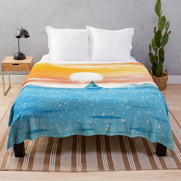 Item preview, Watercolor blue sparkling sea and sailing yacht on the horizon with yellow sunset sky designed and sold by MaryWatercolor.