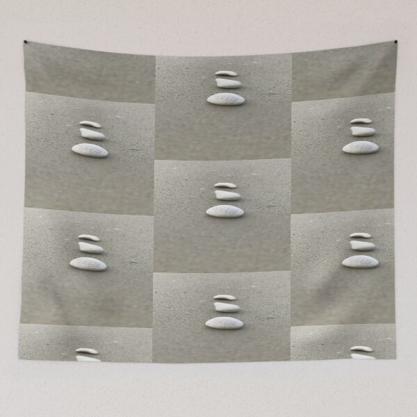 Item preview, Simple closeup view of vertically arranged three white stones on grey sandy beach designed and sold by Khala.