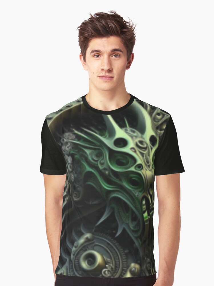 Thumbnail 1 von 5, Grafik T-Shirt, Fractal Art Surreal Biomechanic Green #1 designt und verkauft von MyMysteryArtFX.