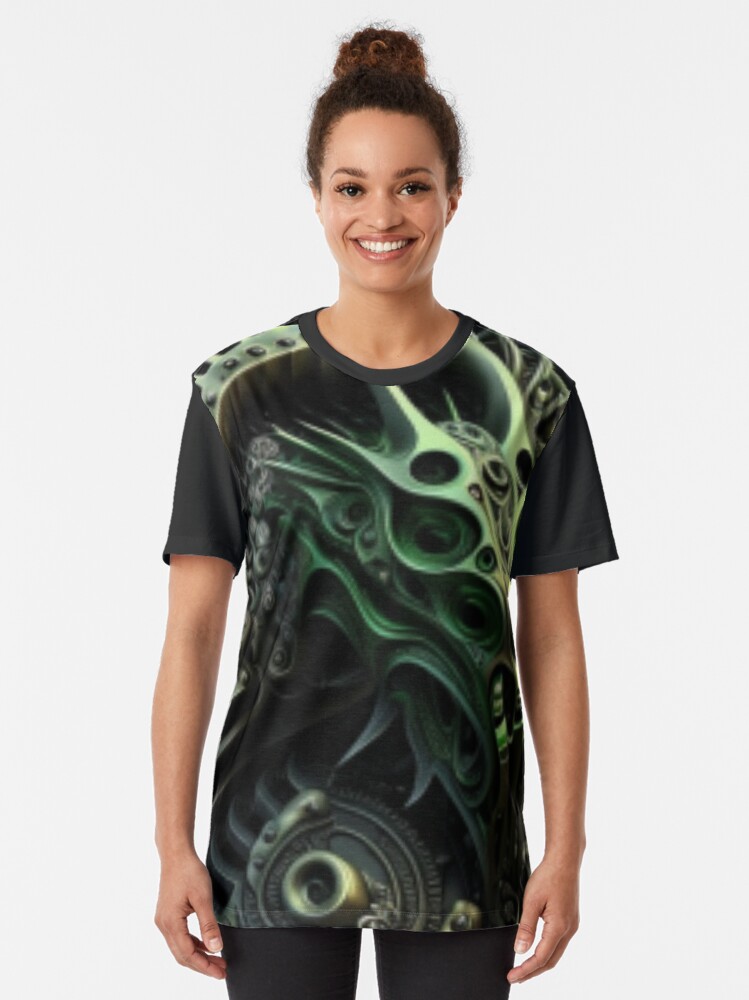Thumbnail 2 von 5, Grafik T-Shirt, Fractal Art Surreal Biomechanic Green #1 designt und verkauft von MyMysteryArtFX.