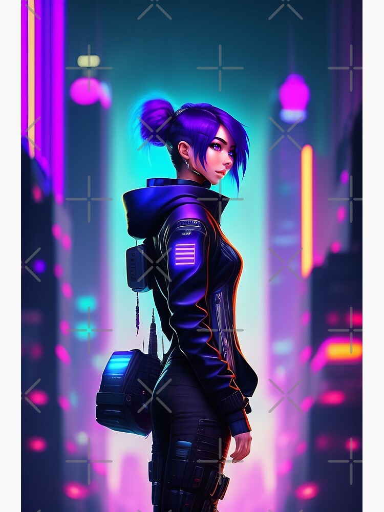 Cyberpunk anime characters with blue hair and neon glow