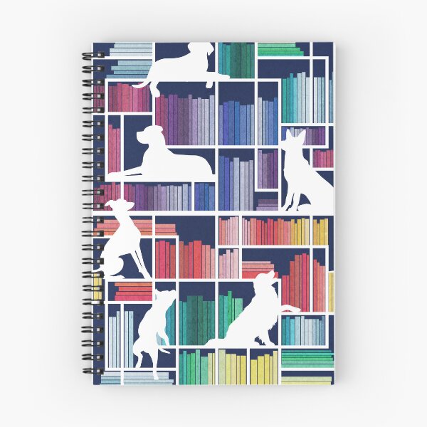 Item preview, Rainbow bookshelf with large dog breeds // navy blue background white book shelves and library dogs multicoloured books designed and sold by SelmaCardoso.