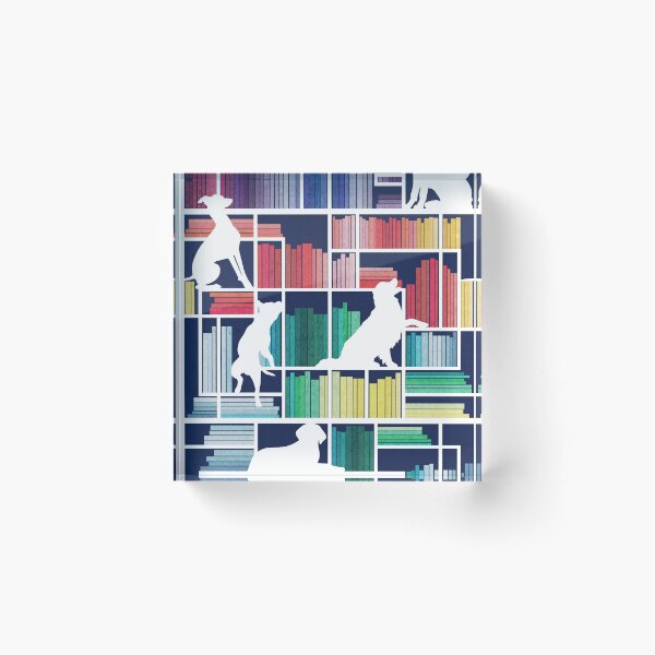 Item preview, Rainbow bookshelf with large dog breeds // navy blue background white book shelves and library dogs multicoloured books designed and sold by SelmaCardoso.