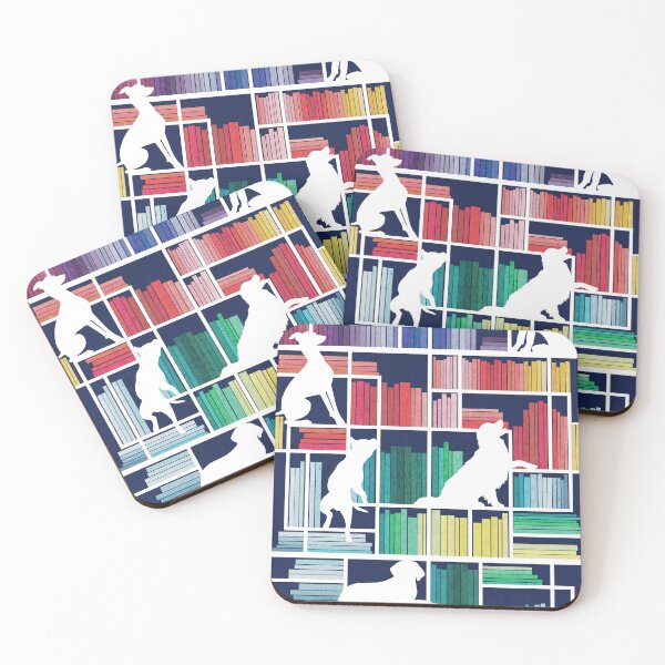 Item preview, Rainbow bookshelf with large dog breeds // navy blue background white book shelves and library dogs multicoloured books designed and sold by SelmaCardoso.