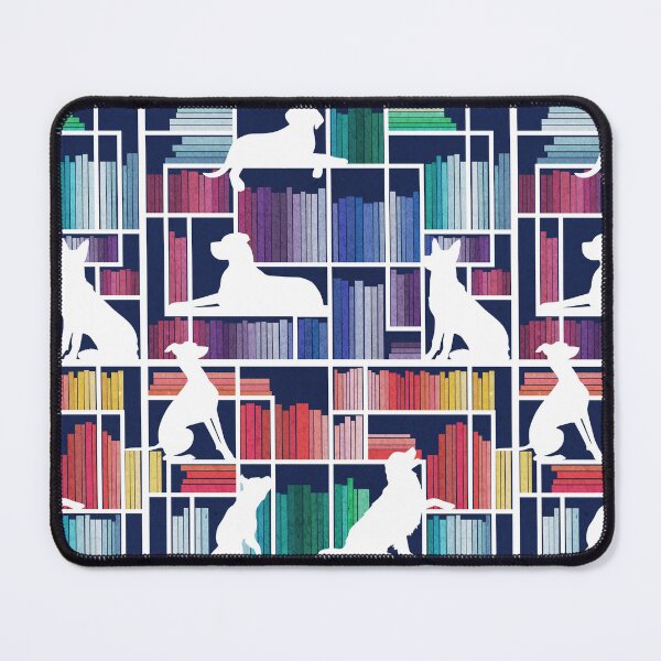 Item preview, Rainbow bookshelf with large dog breeds // navy blue background white book shelves and library dogs multicoloured books designed and sold by SelmaCardoso.