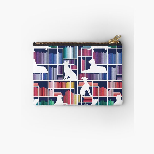 Item preview, Rainbow bookshelf with large dog breeds // navy blue background white book shelves and library dogs multicoloured books designed and sold by SelmaCardoso.