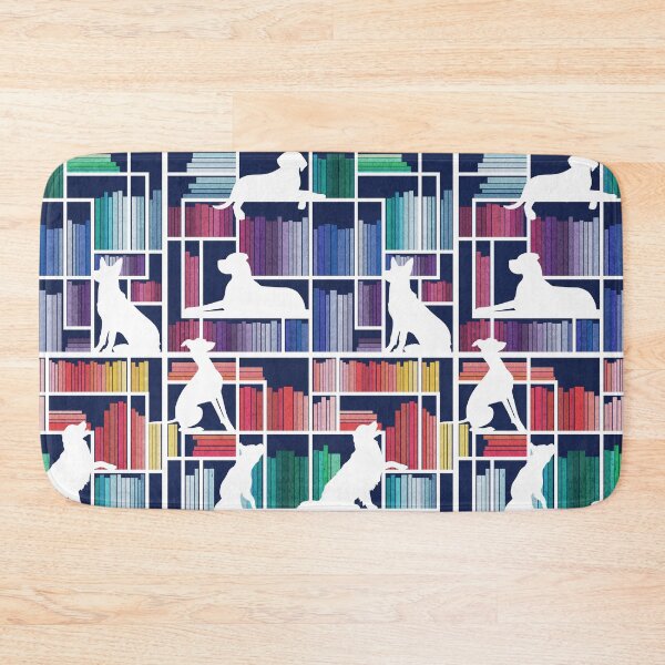 Item preview, Rainbow bookshelf with large dog breeds // navy blue background white book shelves and library dogs multicoloured books designed and sold by SelmaCardoso.