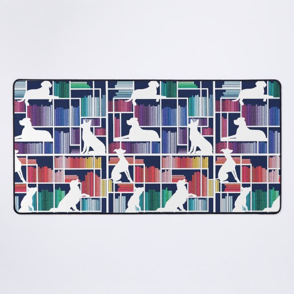 Item preview, Rainbow bookshelf with large dog breeds // navy blue background white book shelves and library dogs multicoloured books designed and sold by SelmaCardoso.