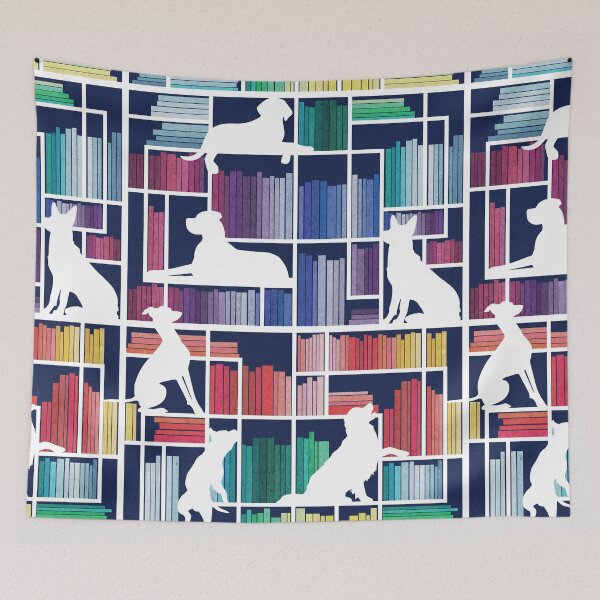 Item preview, Rainbow bookshelf with large dog breeds // navy blue background white book shelves and library dogs multicoloured books designed and sold by SelmaCardoso.