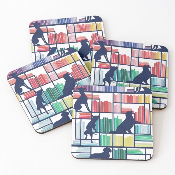 Item preview, Rainbow bookshelf with large dog breeds // white background navy book shelves and library dogs multicoloured books designed and sold by SelmaCardoso.