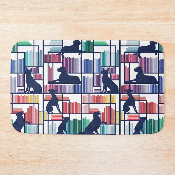 Item preview, Rainbow bookshelf with large dog breeds // white background navy book shelves and library dogs multicoloured books designed and sold by SelmaCardoso.