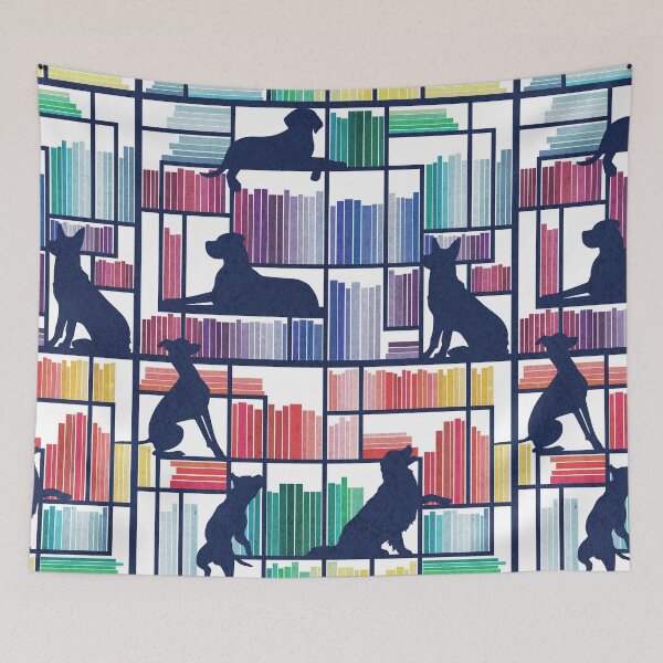 Item preview, Rainbow bookshelf with large dog breeds // white background navy book shelves and library dogs multicoloured books designed and sold by SelmaCardoso.