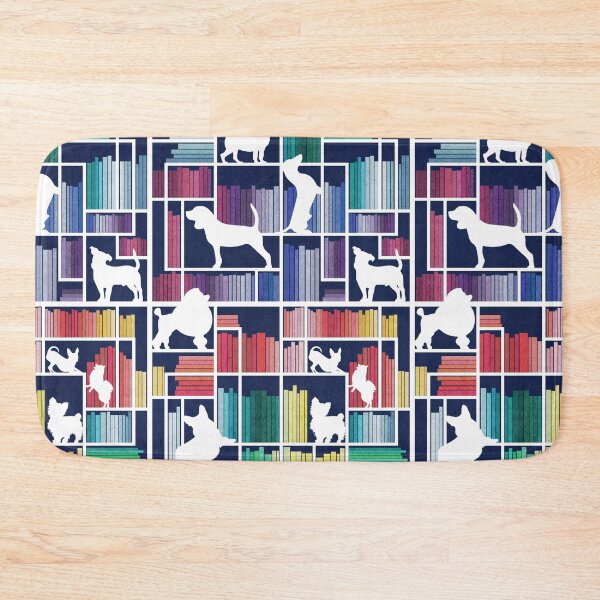 Item preview, Rainbow bookshelf with small and medium dog breeds // navy blue background white book shelves and library dogs multicoloured books designed and sold by SelmaCardoso.